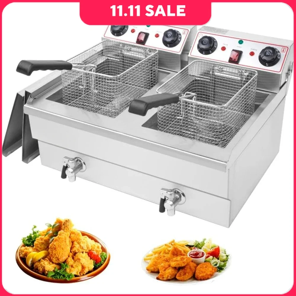 

25QT/23.6L Commercial Deep Fryer with Basket and Lid, 3400W Electric Fryer, Adjustable Temperature & Timer, Countertop Oil Frye