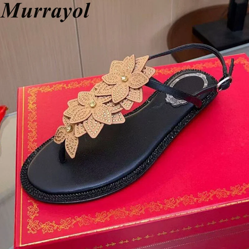 Sandals Satin Finish Flower Rhinestone Decor Flat Flip Flop Women's One Strap Split Toe Sandalias Summer Seaside Vacation Shoes