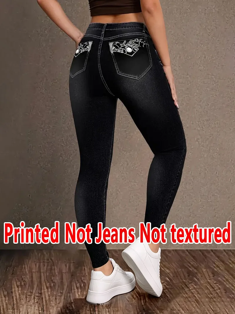 1261 Ladies Printed Tight Pants Non- Denim Fabric Textureless Denim Print Base Layer Pants Four Seasons Wearable Ladies Trousers