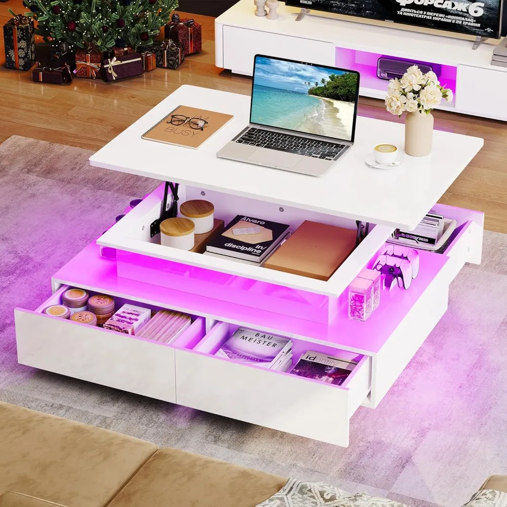 Lift Top Coffee Table, Coffee Table with Storages for Living Room, Rectangular Coffee Tables with 4 Spacious Drawers