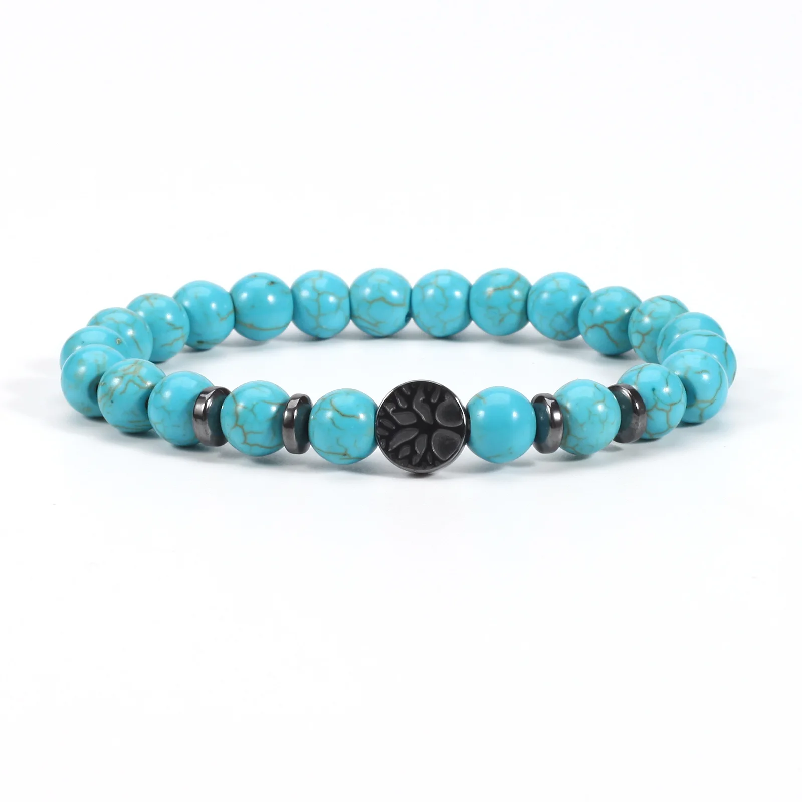 

10 шт., черное Древо Жизни, 8 мм, черный матовый бирюзовый браслет из бисера из лавового камня, эластичный браслет с голубыми глазами для женщин и мужчин, ювелирные изделия
