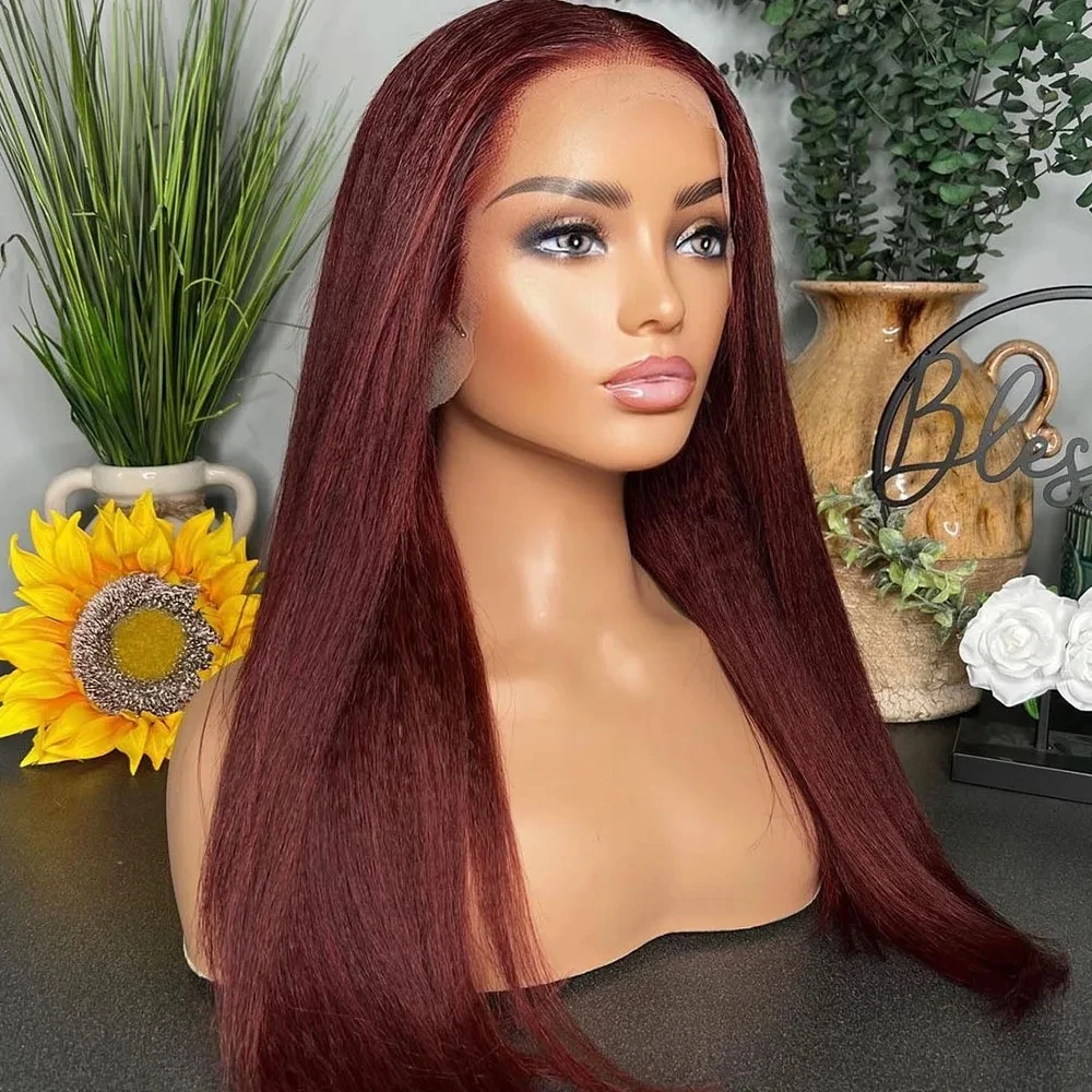 QW  Yaki Straight 99J Red Burgundy Wig Soft Synthetic Hair Lace Wigs 13x4 Lace Front Wig Heat Resistant Fiber Cosplay