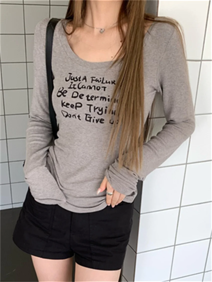 PLAMTEE Grey Tees Women Printed Chic Loose Full Sleeve Daily High Street Autumn 2024 All Match T-Shirts Office Lady Casual