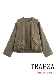 TRAFZA Vintage Casual Chic Bomber Jacket Solid Zipper O-neck Pockets Long Sleeve Coats New Fashion 2024 Autumn Coat