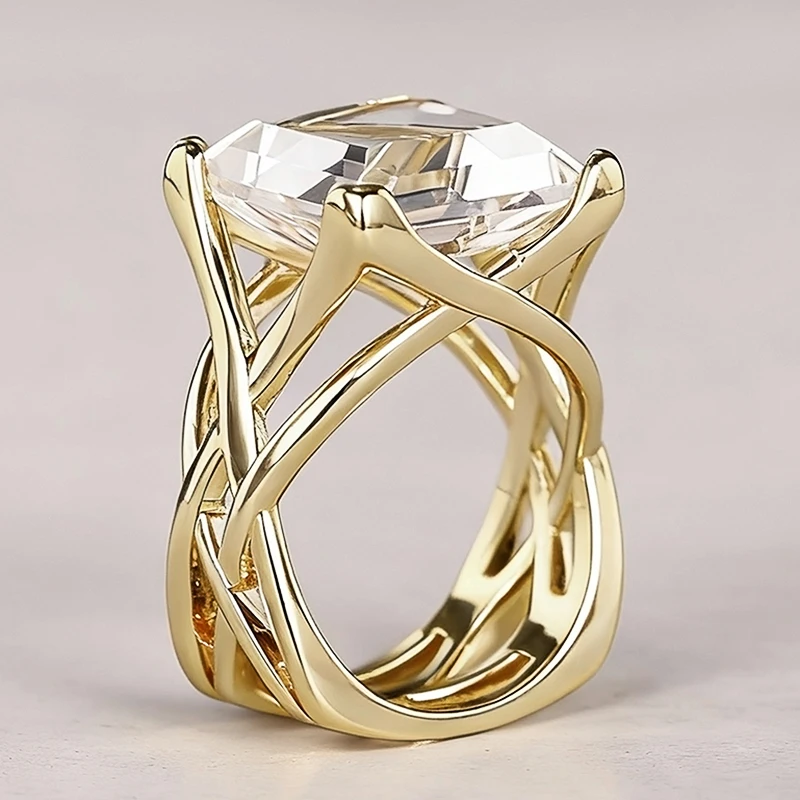 Huitan Ring mit hohlem Kreuz-Design für Damen, goldfarben, mit leuchtend weiß/blauem CZ, modisches Hochzeitszubehör, eleganter Partyschmuck – Detail 5