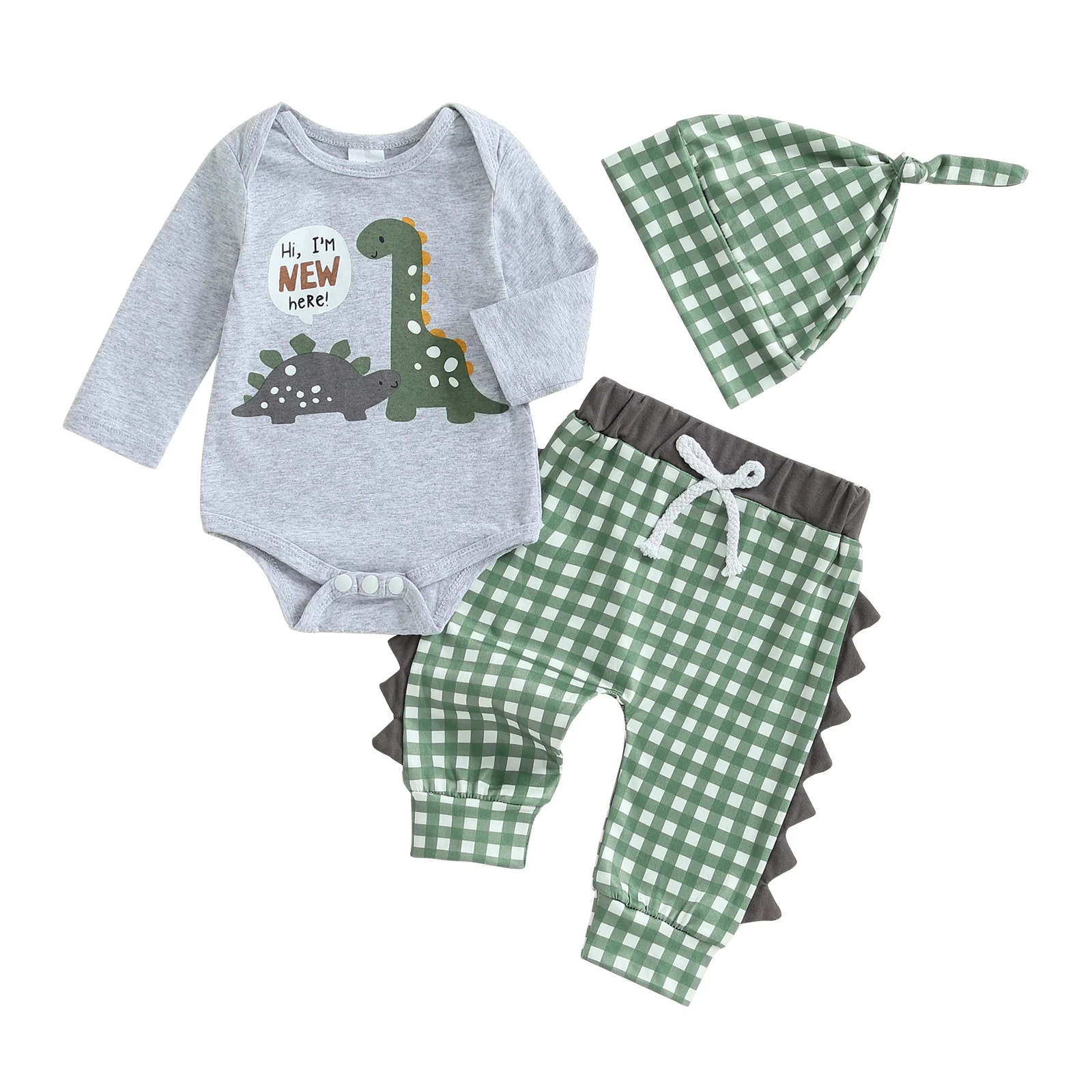 

Наряд на день рождения для маленького мальчика, комбинезон с длинными рукавами и принтом динозавра, эластичные клетчатые штаны, шапка, комплект из трех предметов, осенняя одежда