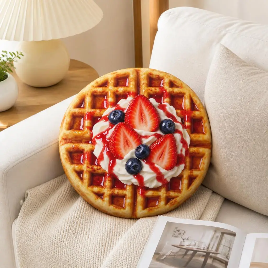 Strawberry Waffle Plush Pillow Breakfast Brunch Food Cushion Stuffed Throw Pillow for Foodie Kitchen Decor Sofa Accent Gift