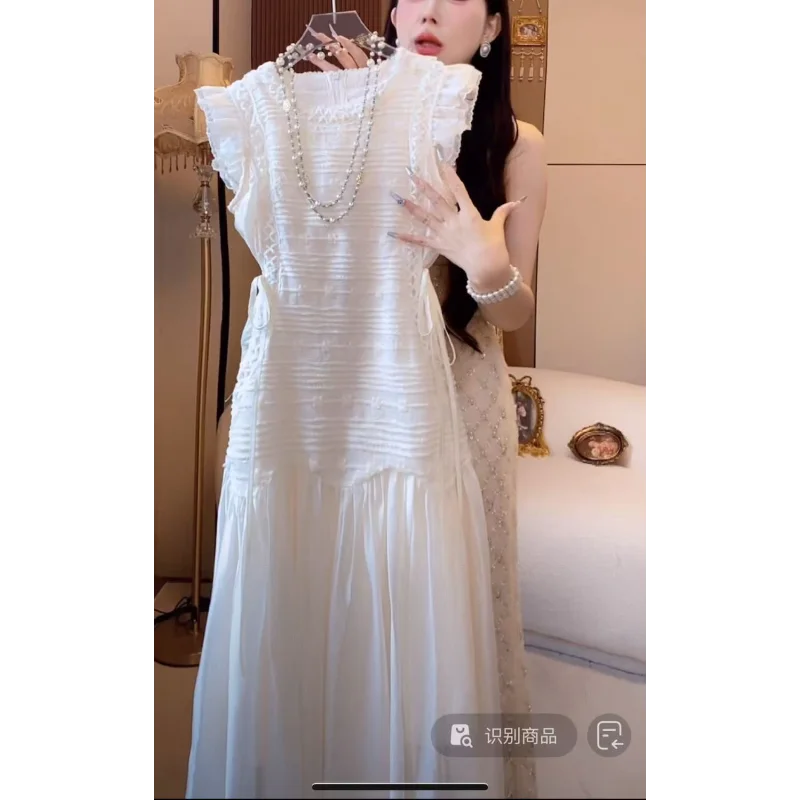 Weißes, gesmoktes Maxikleid mit Rüschen für Damen, lockeres, fließendes Chiffon-langes, elegantes, lässiges Party-Strandkleid