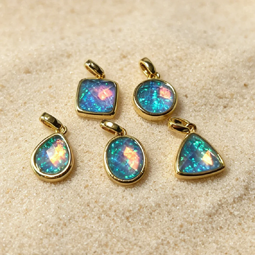 

5Pcs/Lot Bezel Set Aurora Synthetic Opal Charms Golden Tone Multi Shape Boho DIY Beading Components P2D278M
