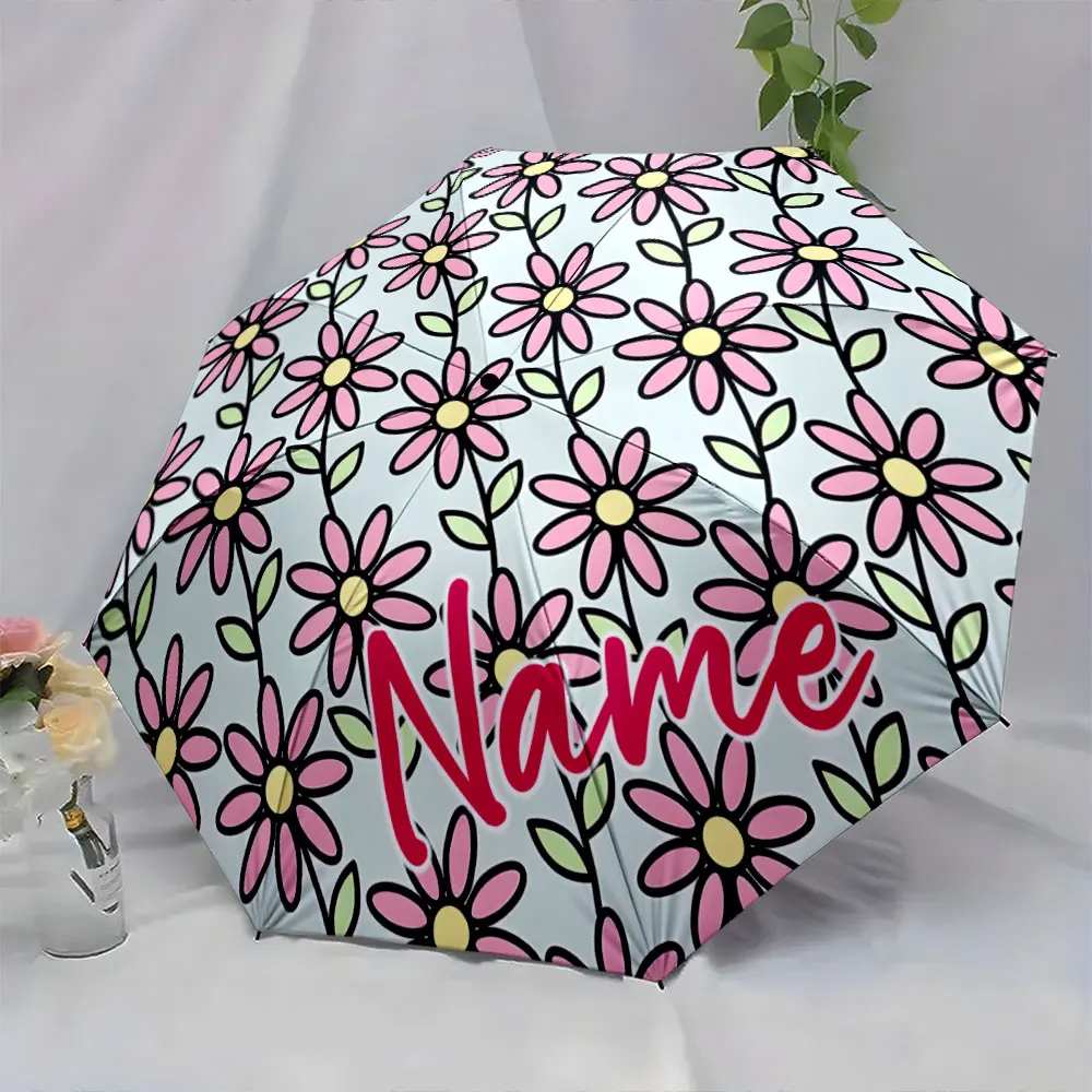 Custom Name Colorful Floral Umbrella with Personalization Print 8 Iron Ribs Folding Umbrella Auto-Open Fashion Sunshade