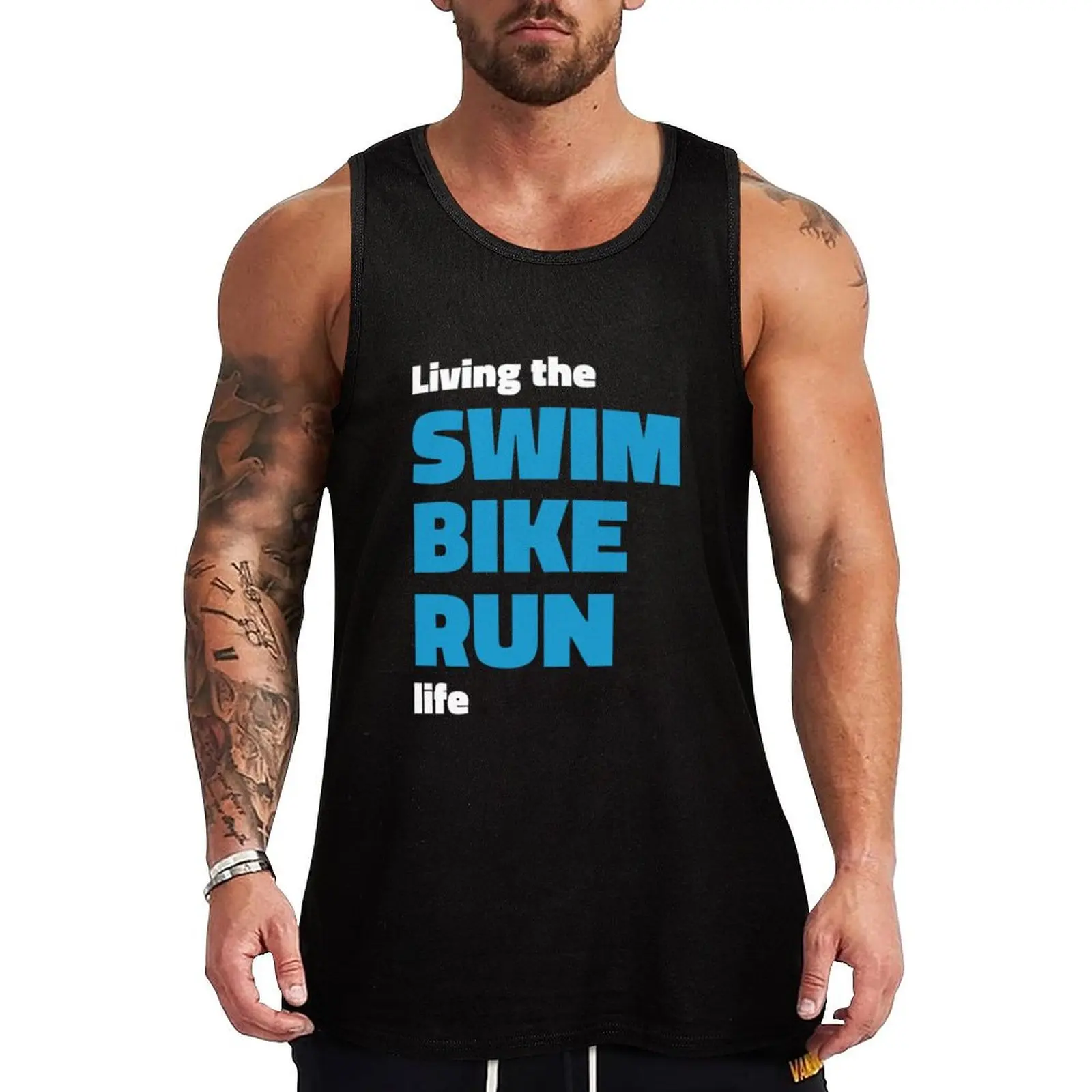

Living the SWIM BIKE RUN triathlon life Tank Top gym clothes man fitness Male clothes gym t-shirts