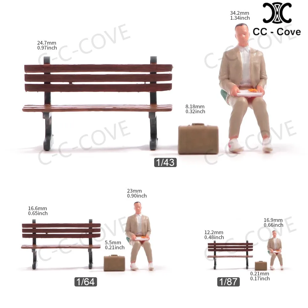 塗装されていない姿,スーツを着た男性のおもちゃ,ベンチに座って,装飾ビュー,1/18, 1/24, 1/43, 1/64, 1/87