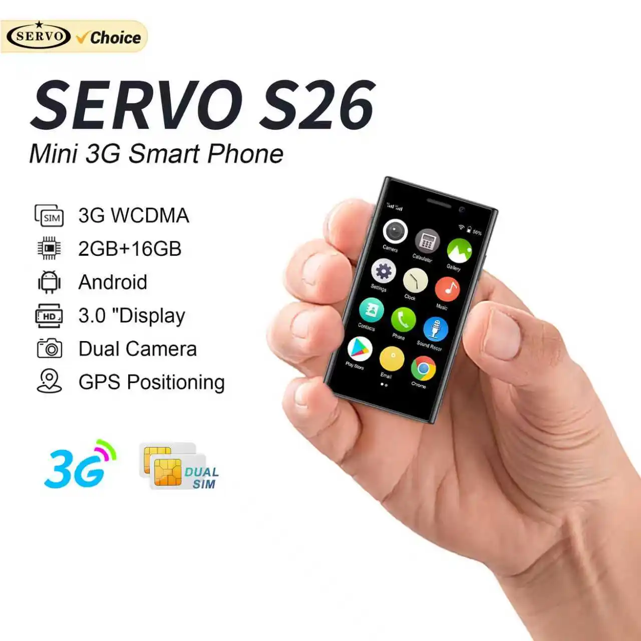 ERVO S26 Mini Android Smart Phone 3G WCDMA 2G RAM 16GB ROM Play Store WhatsAPP Wi-Fi Hotspot 3.0" Small Smartphone 2 SIM standby