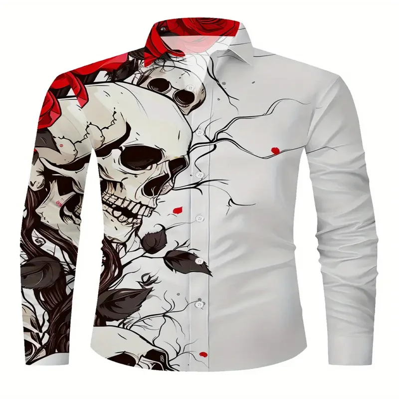 Men's 3D Skull and Rose Printed Long Sleeve Shirt - Casual, Suitable for Weekend Casual Wear, Autumn/Winter, Halloween
