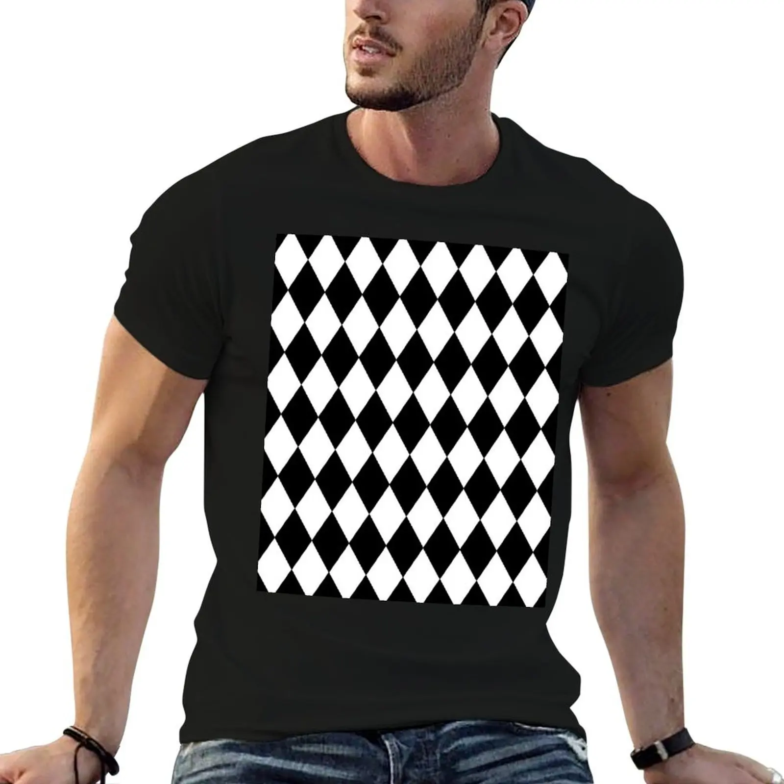 Black and White Harlequin Pattern T-Shirt Minimalist Plain Crew Neck T-Shirt