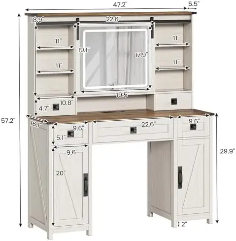 Farmhouse Makeup Vanity Desk with Lights & Charging Station,Vanity Desk with Mirror and Lights, 47.2” Large Brown