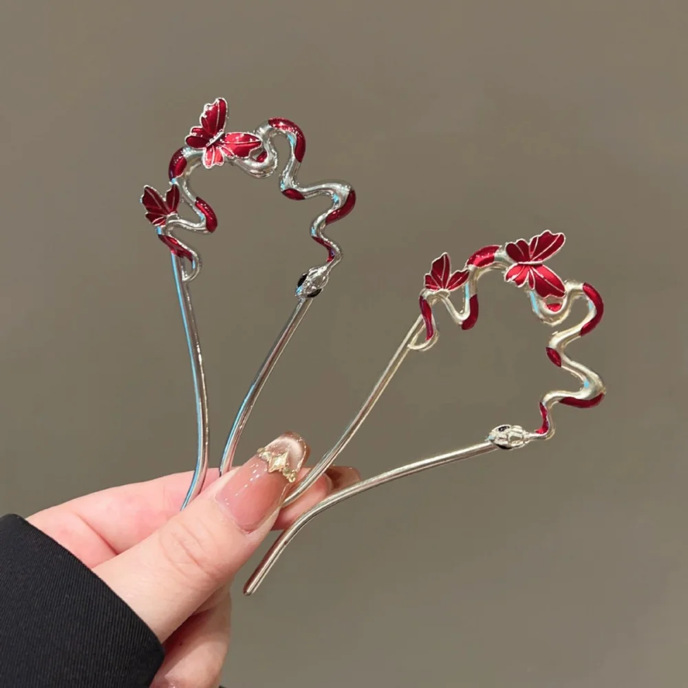 Snake Hairpin Vintage Advanced Sense Chinese Style Hair Stick Metal Flower Hair Pin Plate Hair Retro Hair Clip Hair Accessory