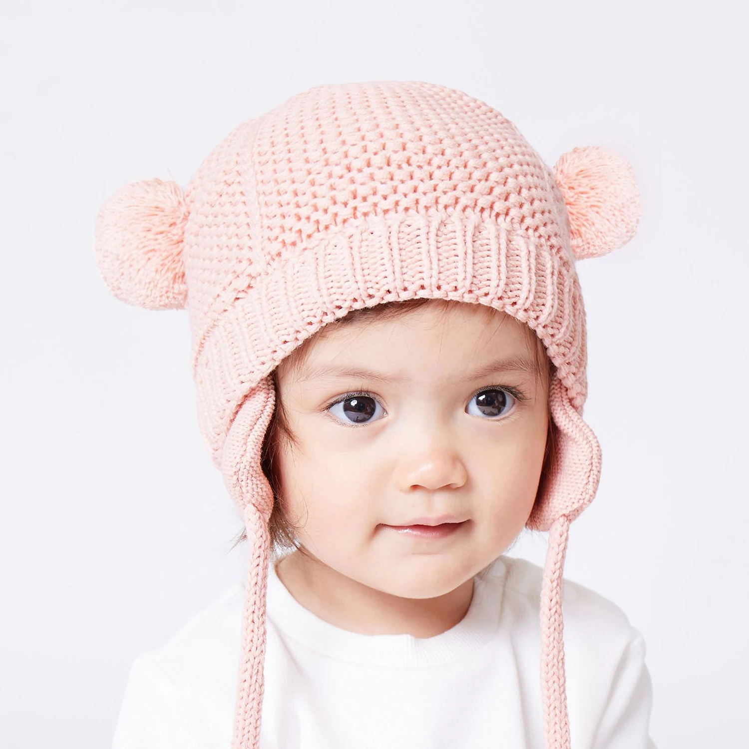 Baby Winter Earflaps Hat Infant Boy Girl Cute Ears Hat Toddler Knit Bear Fleece Lined Chin Straps Beanie Double Pompom Snow Cap