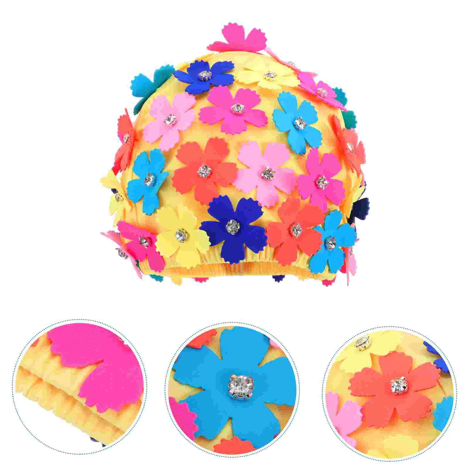 

Elegant Simulation Flower Petal Swimming Cap for Women Colorful Nylon Bathing Hat Rhinestone Design Non Reusable