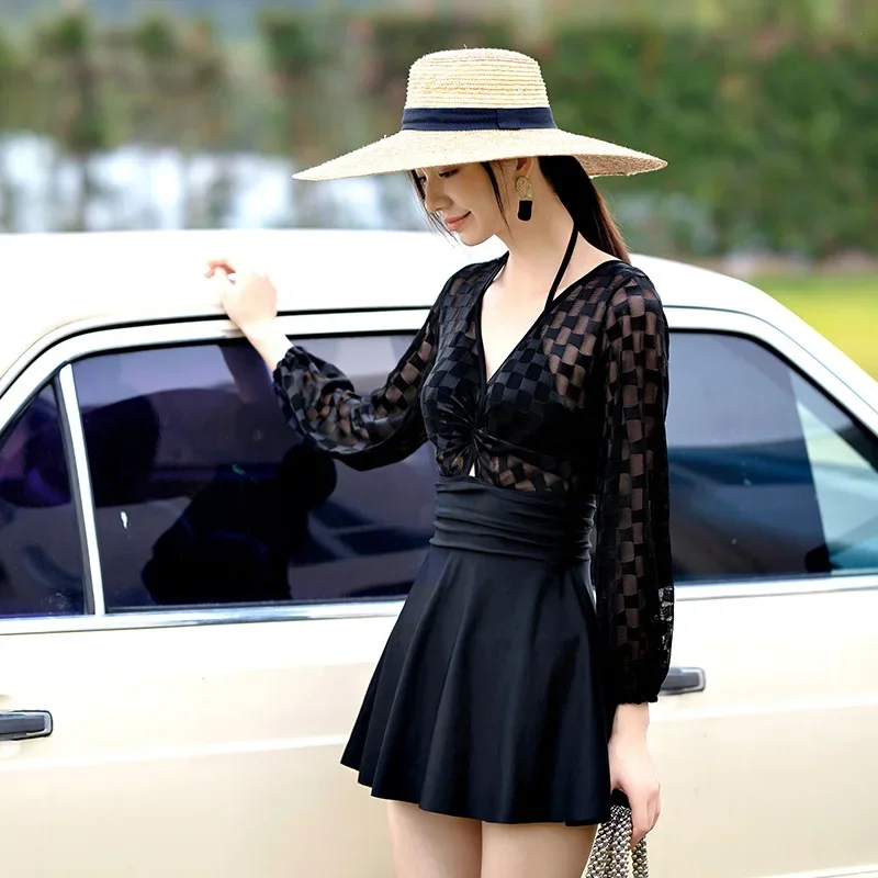 wisuwore Long Sleeve Swimsuit Women V-Neck Slip Dress Korean Style  New Sexy Skirt One-piece Summer Vacation Slimming Swimsuit