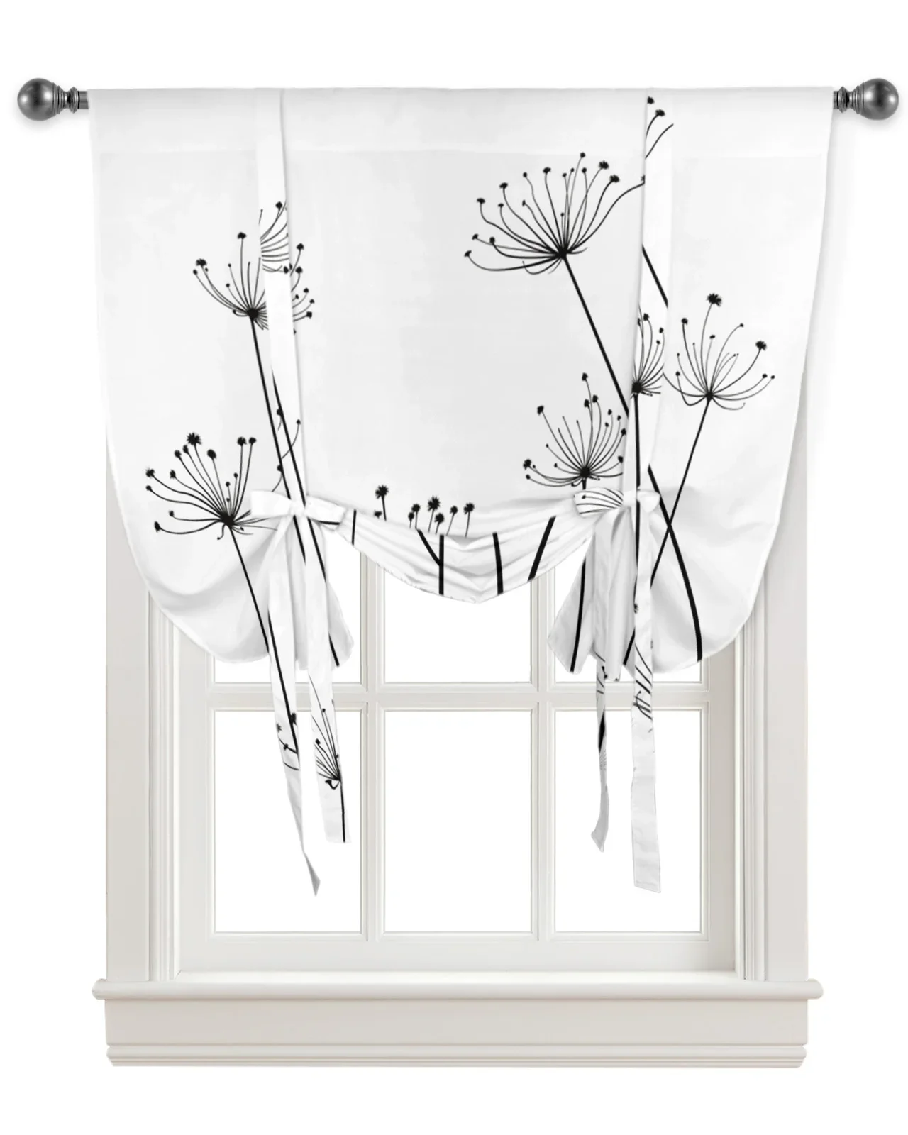 Dandelion Plant White Black Window Curtain for Living Room Roman Curtains for Kitchen Cafe Tie Up Short Drapes