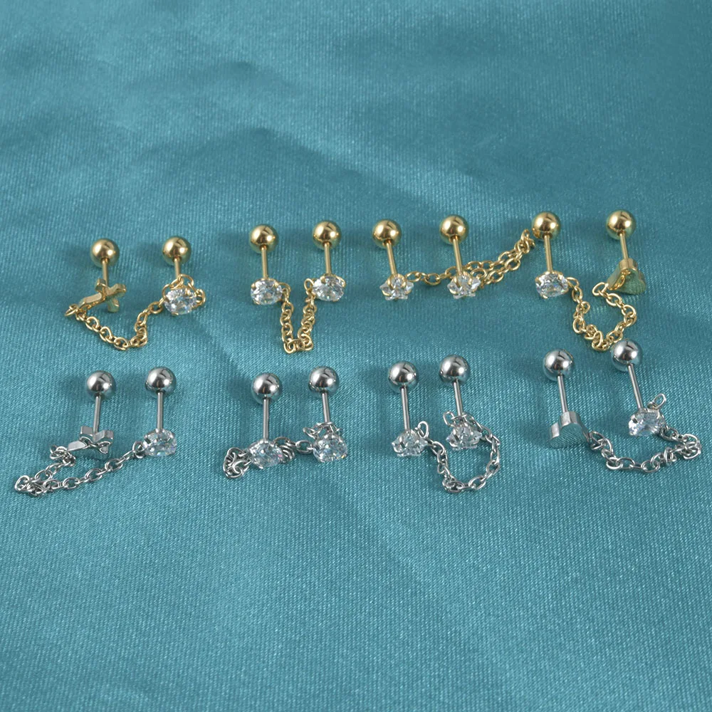 أقراط سلسلة صغيرة مرصعة بأحجار زركونيا مزدوجة ، سلسلة متدلية ، فولاذ جراحي ، هدية لها