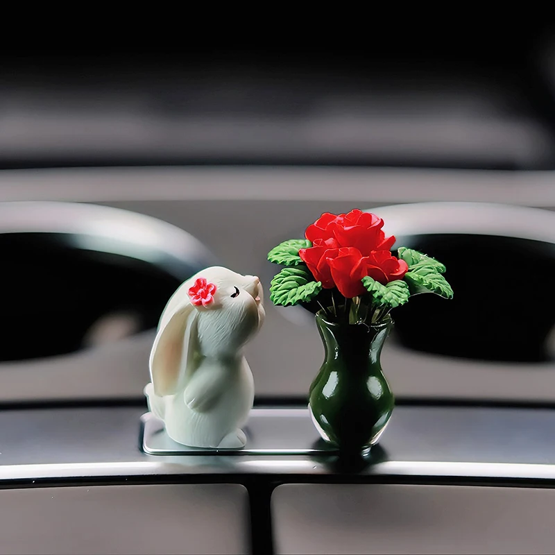 Cute Car Interior Decoration Anime Bunny Smell Roses Auto Center Console Gadget Ornaments For Women Gifts Car Accessories