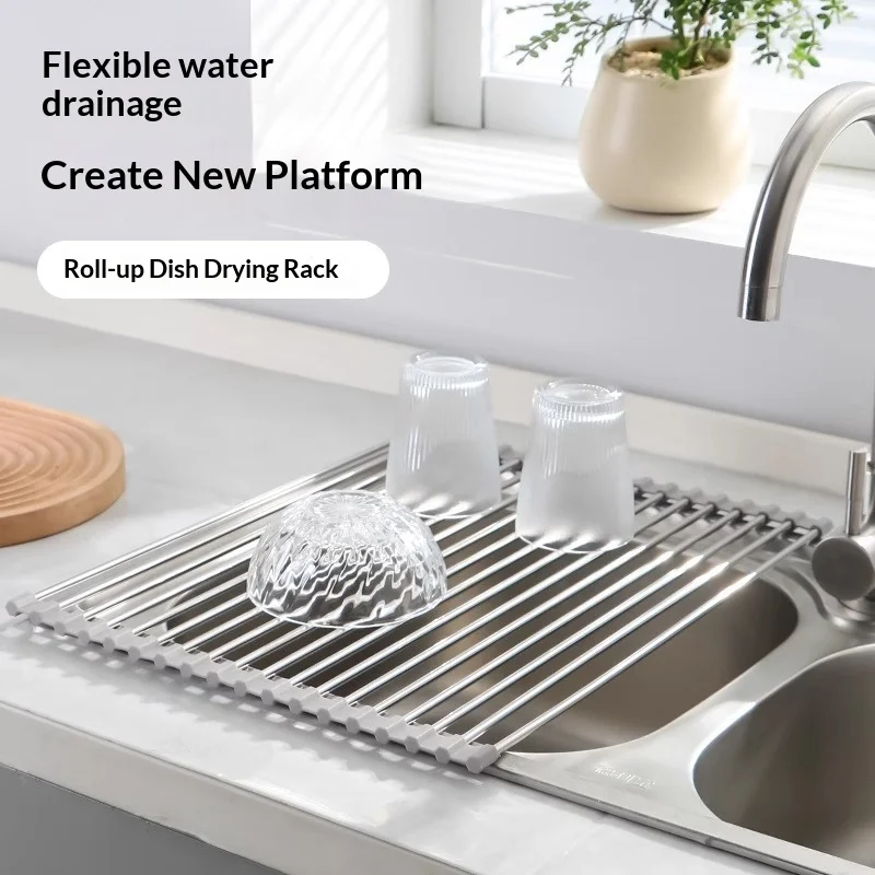 Folding Stainless Steel Sink Drying Rack, Multi-functional Kitchen Rack for Bowls, Plates, Vegetables, and Fruits. view 2
