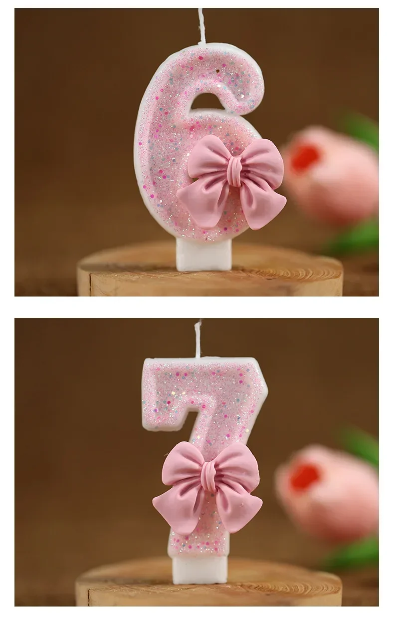 Cute Pink Bow 3D Number Cake Candles for Birthday Party Decorations Birthday Decoration Cake Decorating Tools
