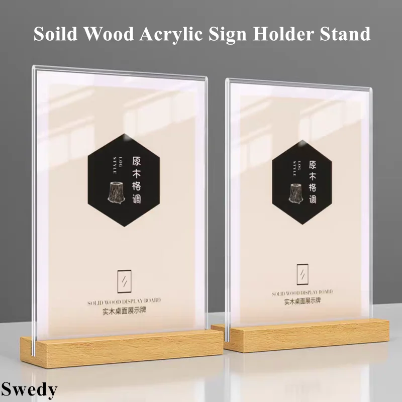 4 PCS A5 148X210MM Wood Acrylic Sign Holder Display Stand Supermarket Price Label Holder Advertising Photo Picture Poster Frame