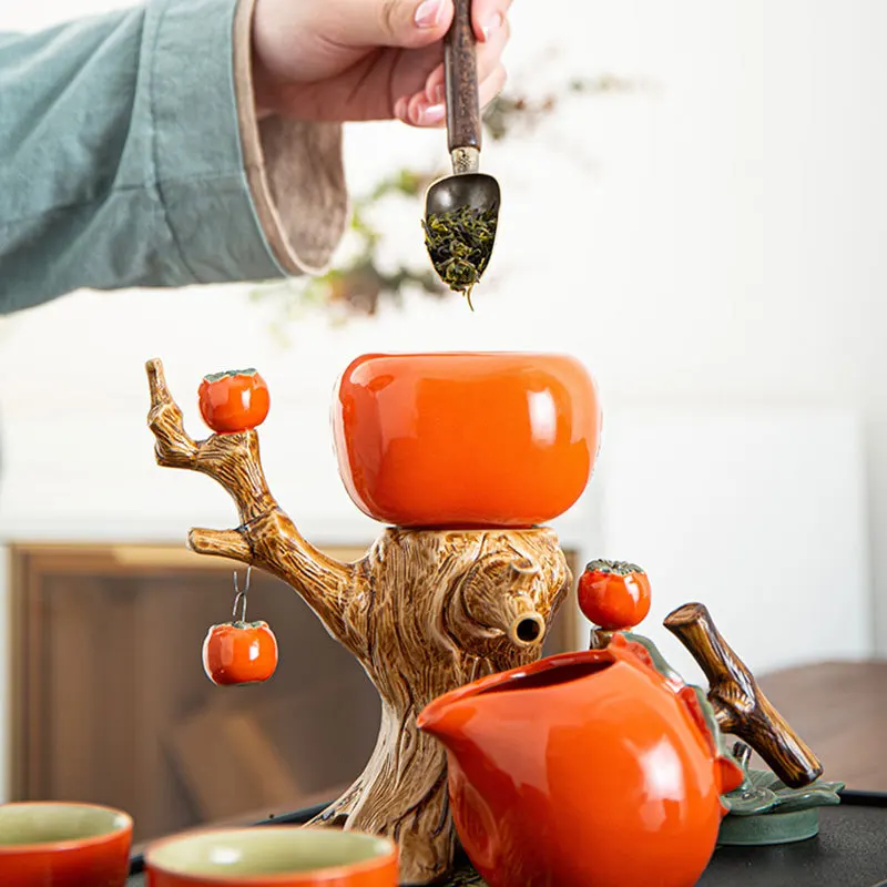 Business gift semi-automatic tea set persimmon Ruyi lazy person office gift home festive opening red tea set