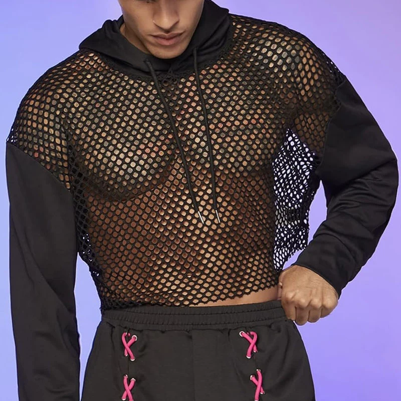 Sudadera con capucha de malla negra para hombre, de manga larga, con paneles transparentes y cordón ajustable, estilo rave, streetwear, Tp