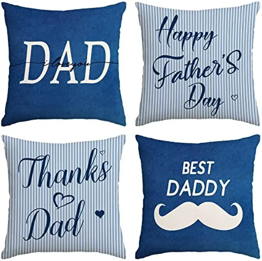 Linen square blue pillow cover cushion cover gift for dad grandpa family sofa decoration 45x45 pillow case