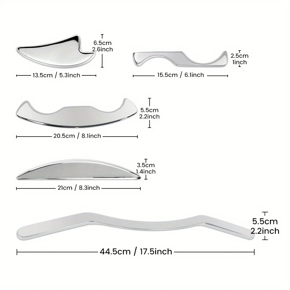 5pcs Stainless Steel Gua Sha Massage Set Metal Scraper Tools for Back Legs Arms Neck Shoulders with Travel Pouch Massage Tool