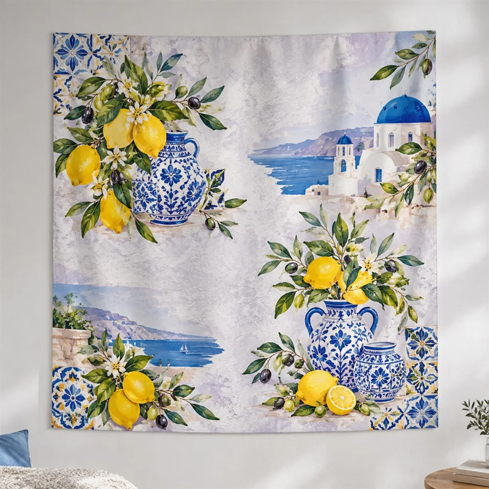 VIKAMA Lemon Branch Clustered Groups Tapestry Wall Hanging, Mediterranean Wall Art Tapestries for Living Room Bedroom Kids Room