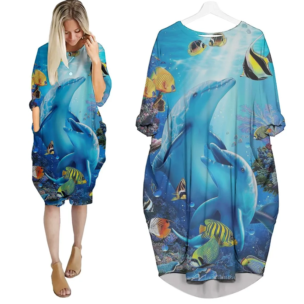 

Jumeast Women 3D Batwing Pocket Dress Oversized Female Streetwear Sea Animals Dolphin Pullover Dresses Summer Skirt Nightdress