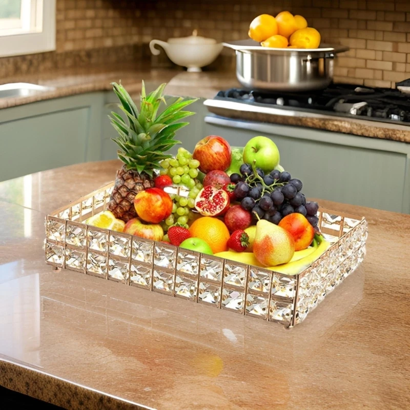 Multipurpose Golden Metal Tray with Crystal Accent for Home Organization 45BE