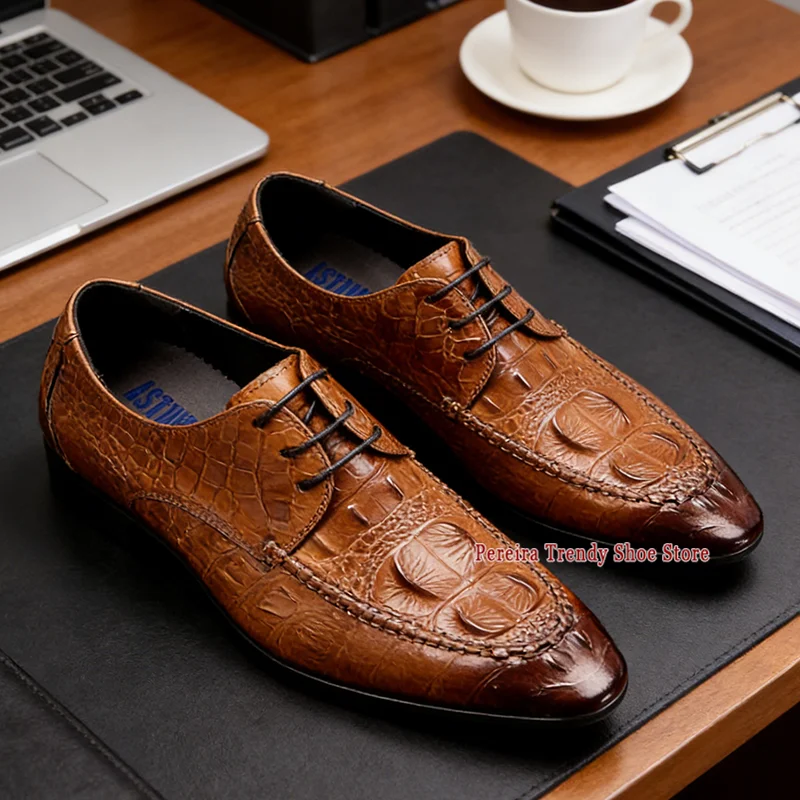 Crocodile Patterned Men's Shoes British Style Trendy Brown Cowhide Pointed Toe Genuine Leather Banquet Business Dress Shoes