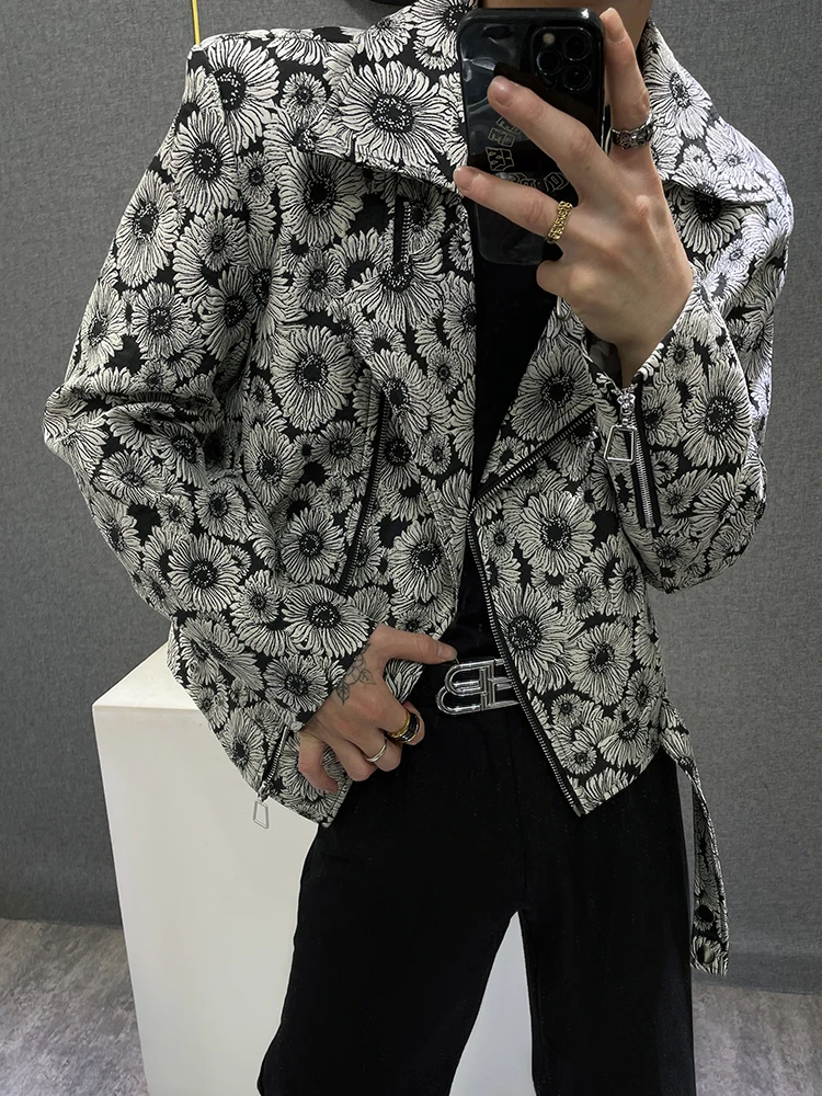 High-End Short Jackets Men's Lapel 2024 Spring Fashion Printing Casual Handsome Zipper Decorations Trendy Male Long Sleeve Coat