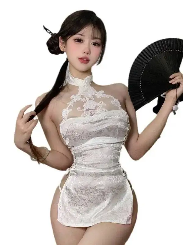 strap cheongsam transparent hollow hanging neck sexy uniform dress elegant hot sexy koran women sweet tops 2023 new korean ML8R