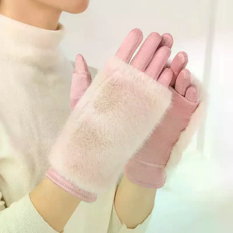 المرأة الخريف والشتاء قفازات فرو الأرنب زائد المخملية سميكة يندبروف ودافئة ركوب الباردة واقية شاشة تعمل باللمس قفازات من جلد الغزال #1