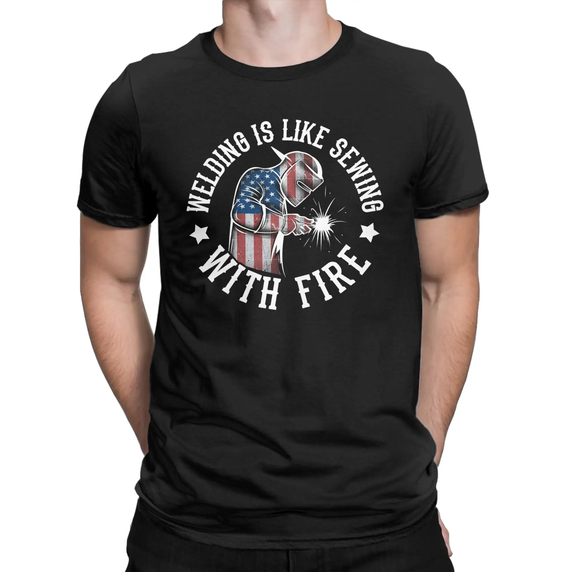 Novelty Welding is Like Sewing with Fire T-Shirt for Men Crewneck Cotton T Shirts  Short Sleeve Tee Shirt Printing Clothing