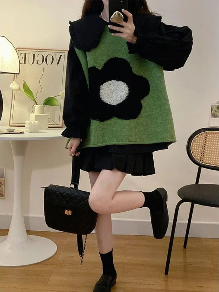 Green Lady Sweaters Flowers Knit Vests for Women Loose Pullover Waistcoat Casual Aesthetic Tops 2024 Y2k Autumn Winter Wool Warm