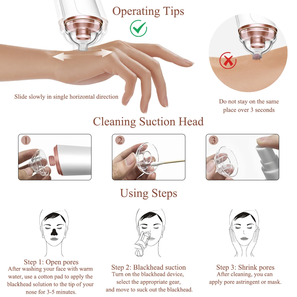อุปกรณ์เสริมความงามเครื่องดูดสิวหัวดำ, การตั้งค่าความเร็ว 3 ระดับ + อุปกรณ์เสริม 6 ชิ้น, เครื่องทำความสะอาดไฟฟ้าสำหรับกำจัดสิวและสิวหัวดำ