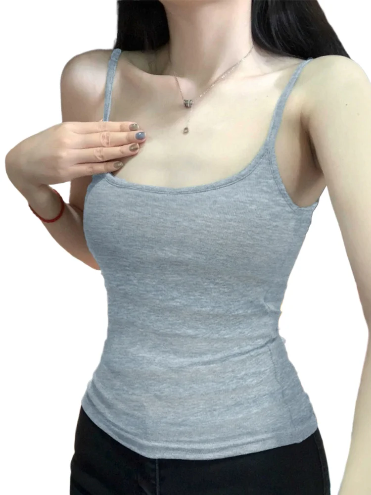 

Korean Women's Solid Color Spaghetti Straps Sleeveless Slim Camisole with Chest Pad Wear Base Layer Outdoor Wear