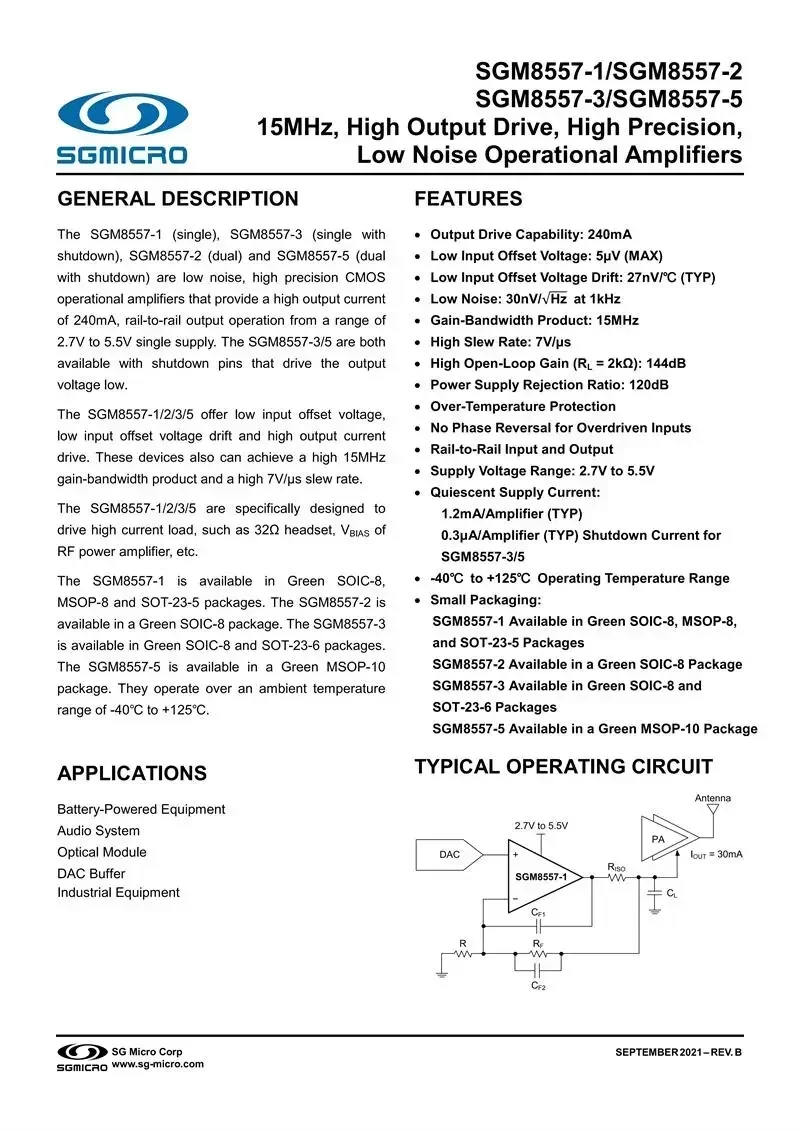 10Pcs/Lot SGM8557-5XMS10G/TR MSOP-10,SGM8557,15MHz,High Output Drive,High Precision,Low Noise Operational Amplifiers,electronics