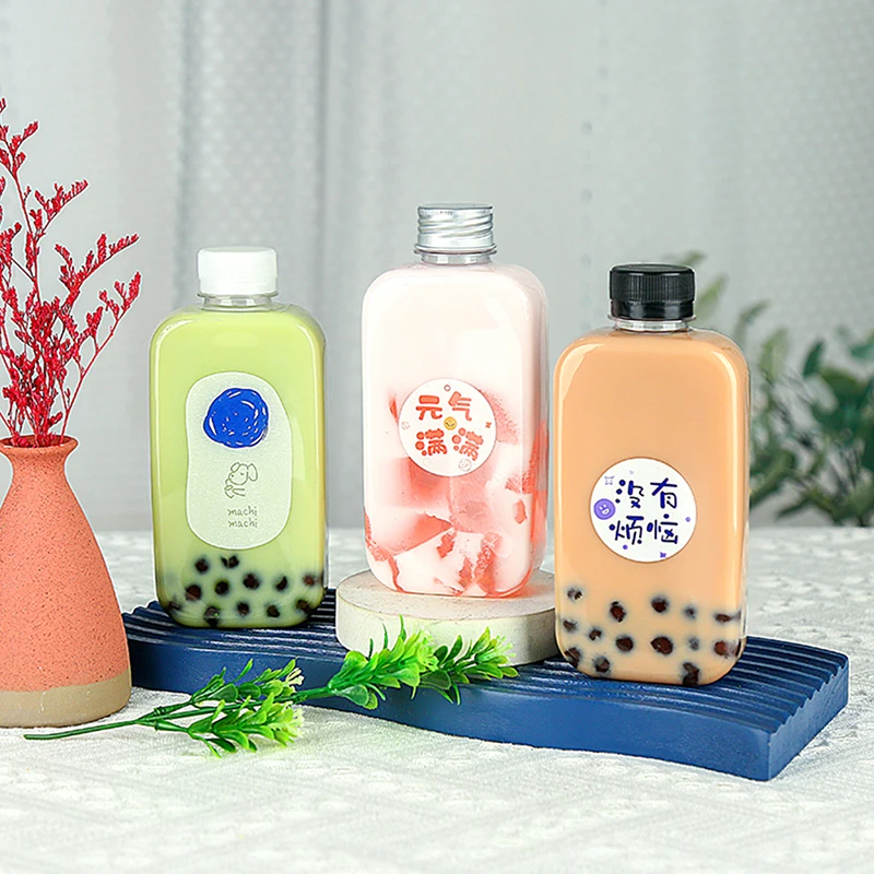 

400ML Empty Plastic Water Bottle With Aluminum Lid Cap Portable Drinking Water Container Square Flat Bottle For Beverage Storage