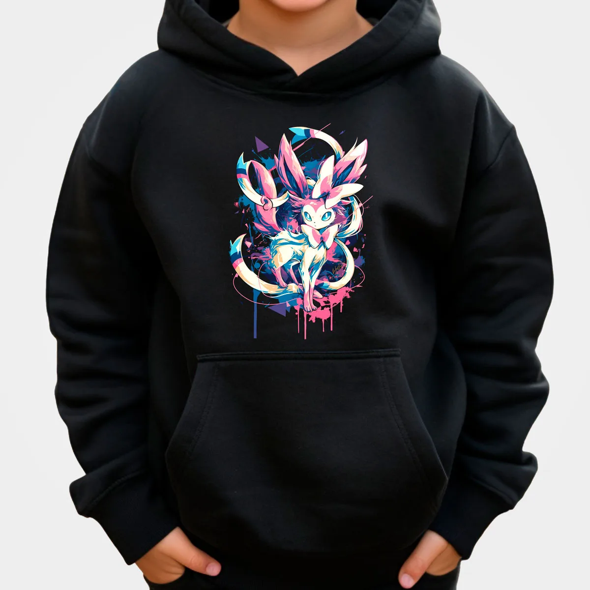 Pokemon Anime Leafeon katoenen hoodie zwart met geelgroen wezen sterrenhemel paarse achtergrond losse pasvorm casual huiskleding ​