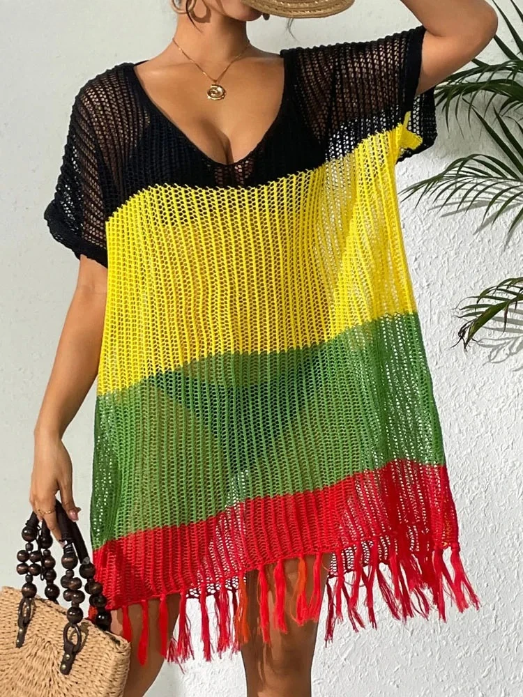 Women Solid Patchwork Bikini Cove Up Short Sleeve Lady Beach Dress Female Tassels Brazilian Swimsuit Cover-Ups