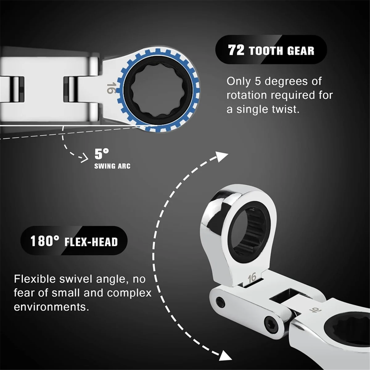 Conjunto de chave combinada de catraca toupida de cabeça flexível de 5 peças, mini conjunto de chave, cabeça flexível de extremidade de caixa dupla, mini conjunto de chave inglesa